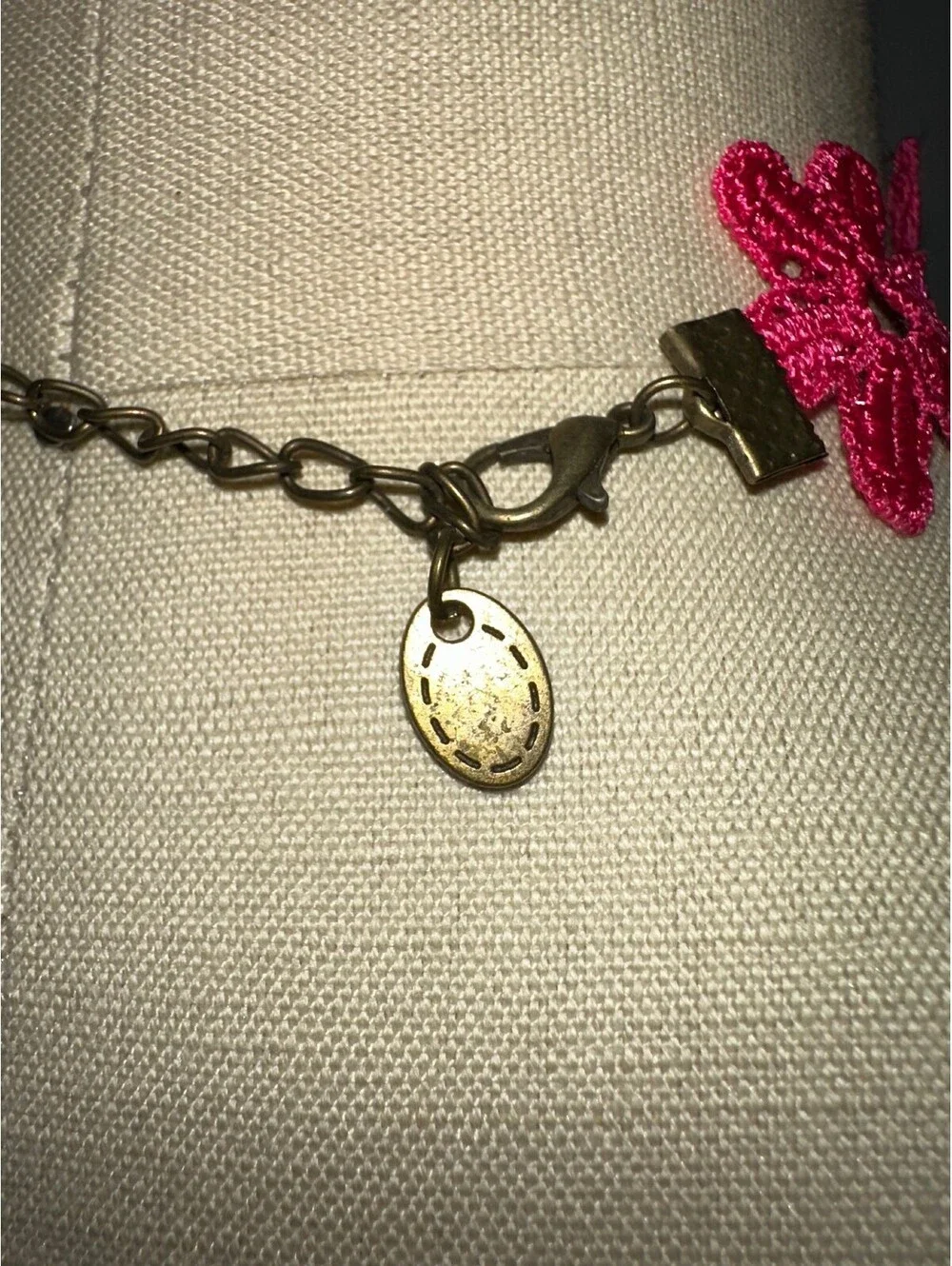 Pink Lace Choker Necklace with Purple Accent Dangle
